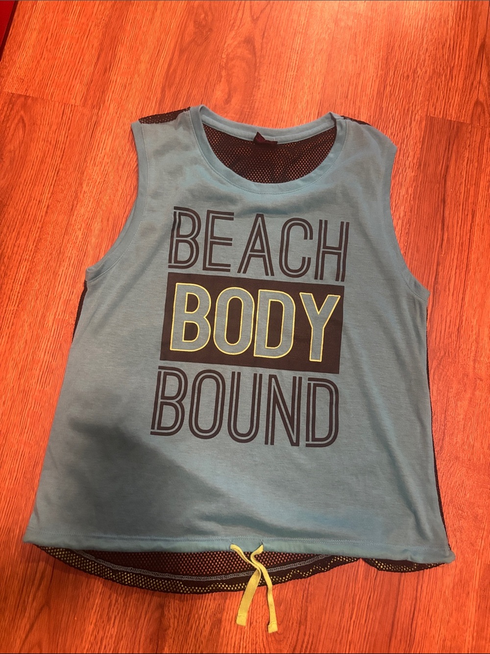 Material Girl Black Mesh Tank with Blue Trim and Yellow Accent